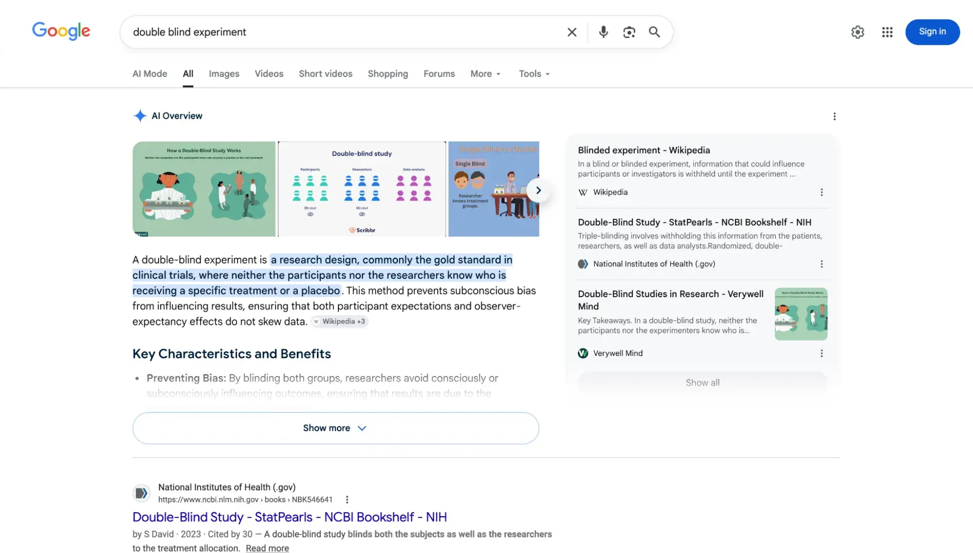 Google AI Overview for the science query “double blind experiment” defining the research design with cited Wikipedia, National Institutes of Health, and Verywell Mind sources