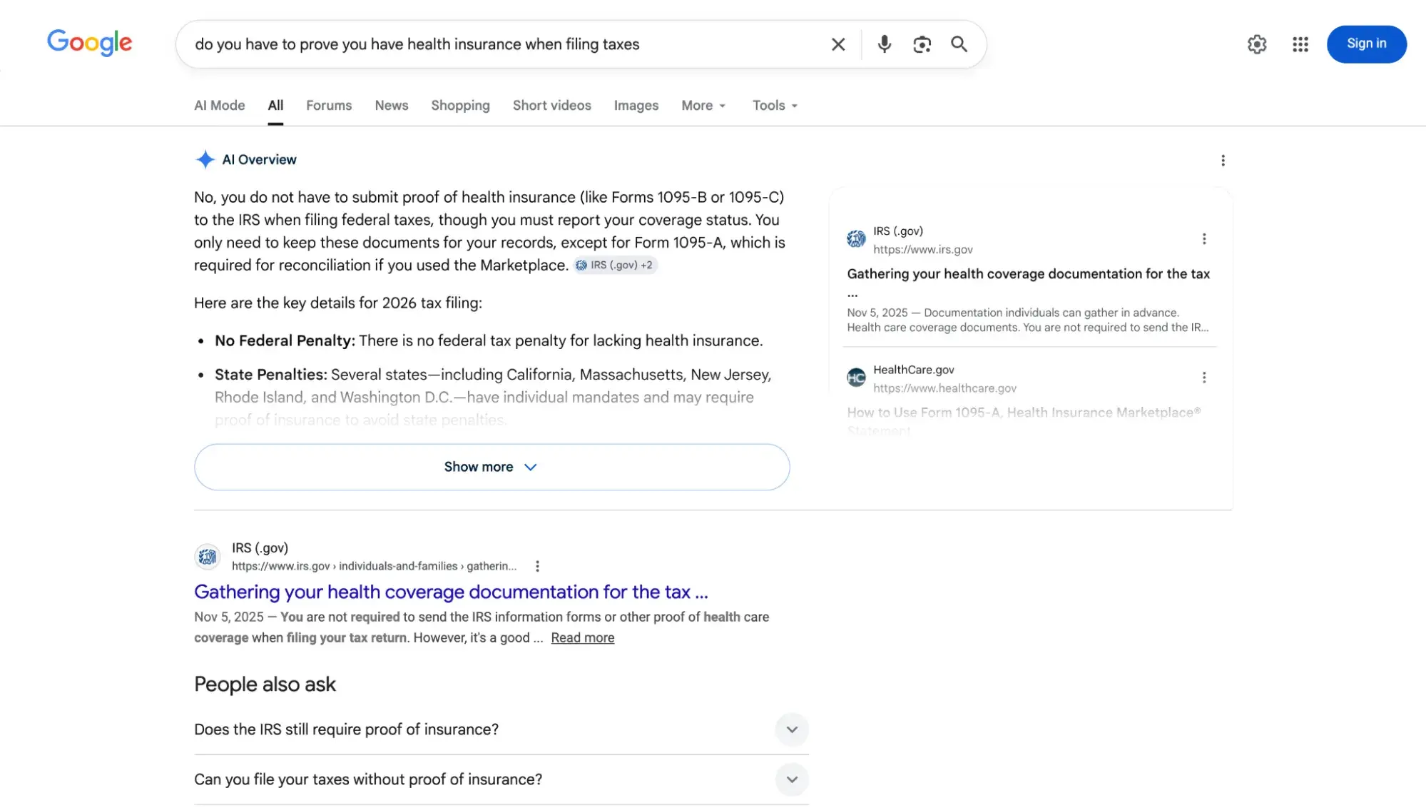 Google AI Overview triggered by the long-tail query “do you have to prove you have health insurance when filing taxes” with citations from IRS.gov and HealthCare.gov