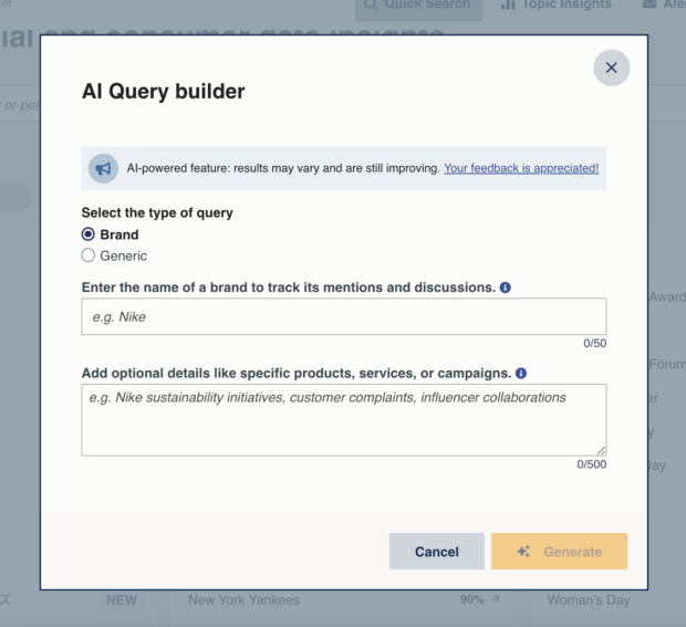 AI Query Builder from Hootsuite showing keyword interface