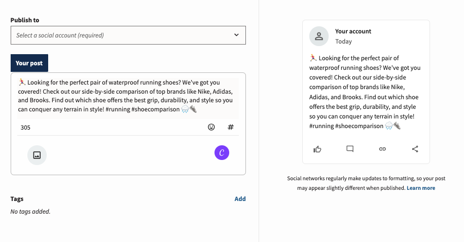 AI copywriting tool OwlyWriter content displayed in Hootsuite Composer