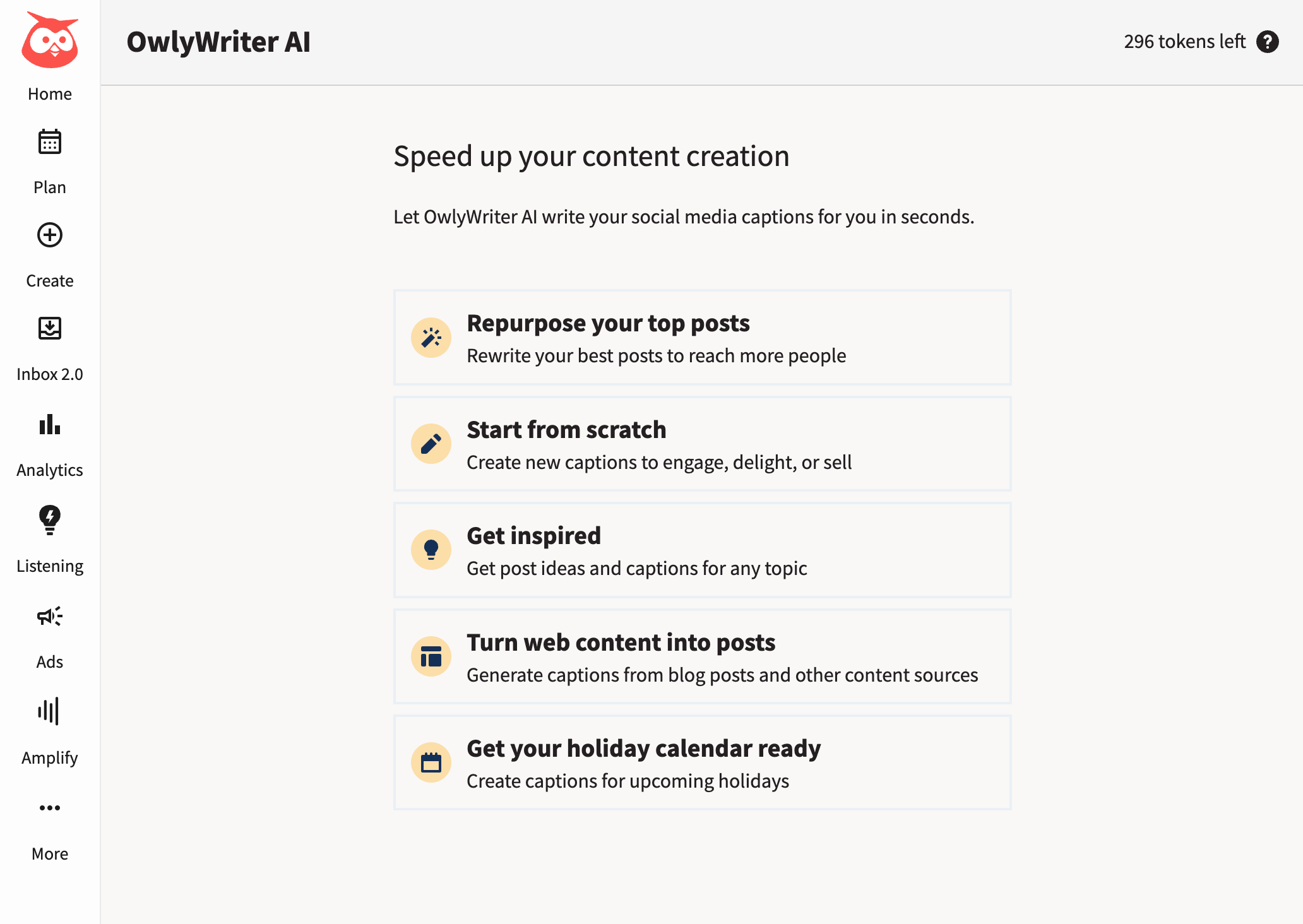 A screenshot of the owlywriter ai dashboard showing options to repurpose posts, start from scratch, get inspired, and turn web content into social posts.