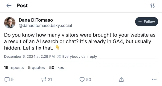 Visitors brought to website as a result of AI search or chat GA4
