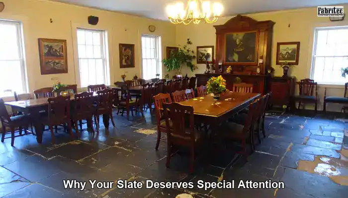 Uneven slate floor with varied texture, color and natural surface clefts