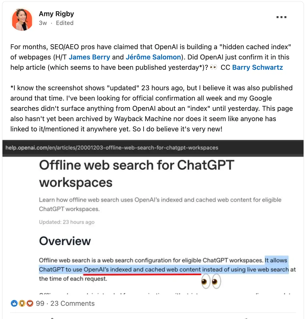 LinkedIn post from Amy Rigby about OpenAI's cached index with screenshot of offline web search for ChatGPT workspaces help article