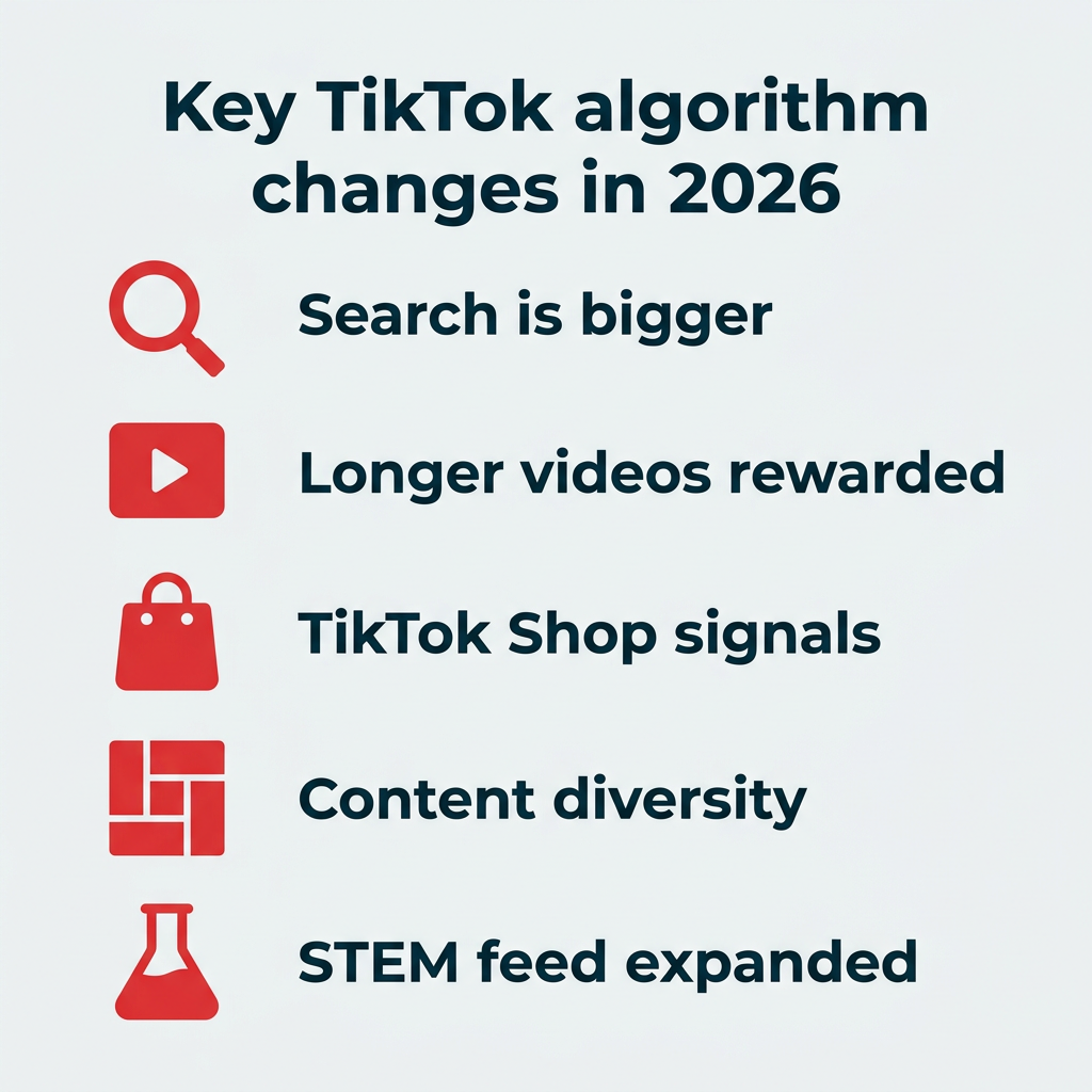 Key TikTok algorithm changes in 2026 showing five updates including search growth, longer video rewards, TikTok Shop signals, content diversity, and STEM feed expansion