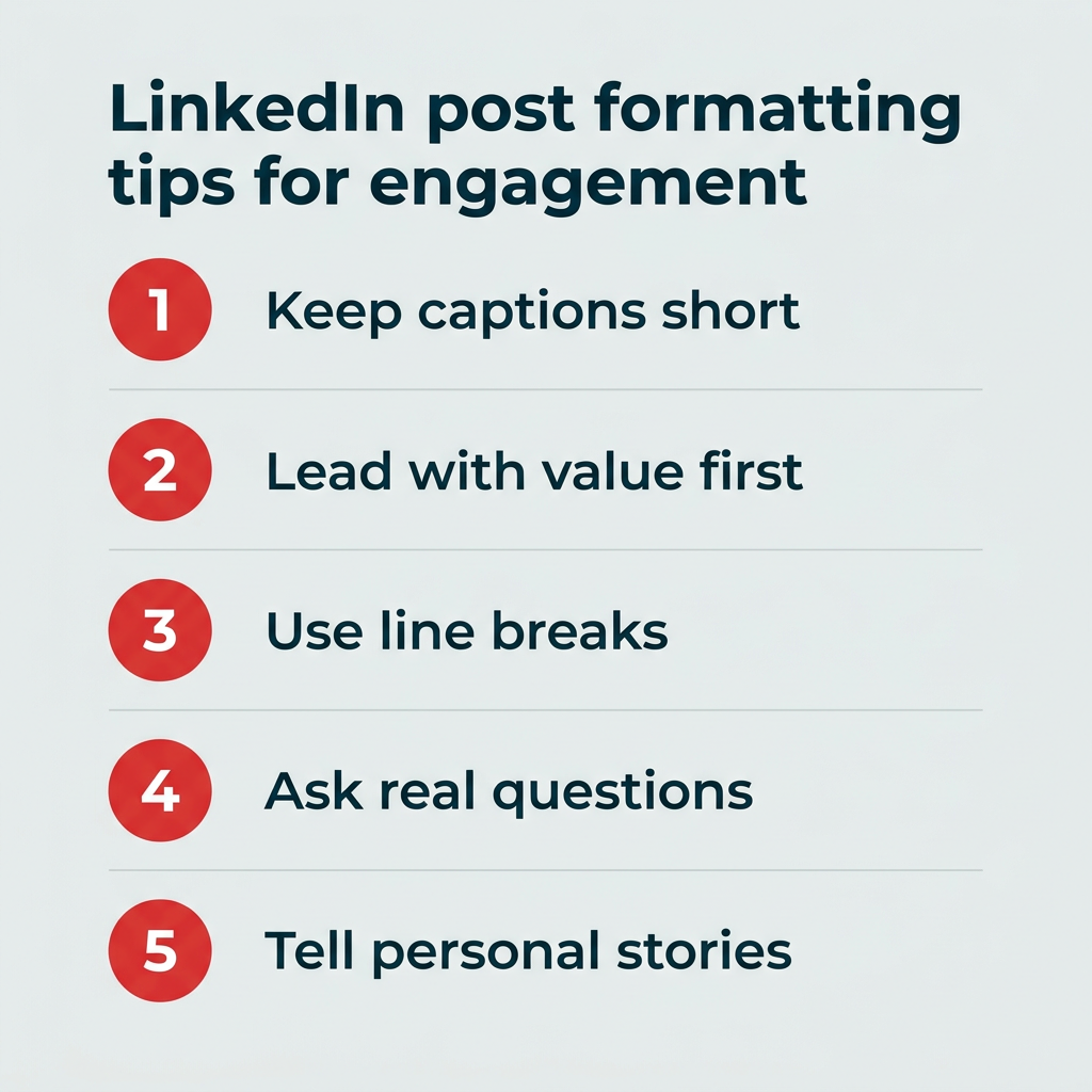 LinkedIn post formatting tips for engagement — five steps: keep captions short, lead with value first, use line breaks, ask real questions, tell personal stories