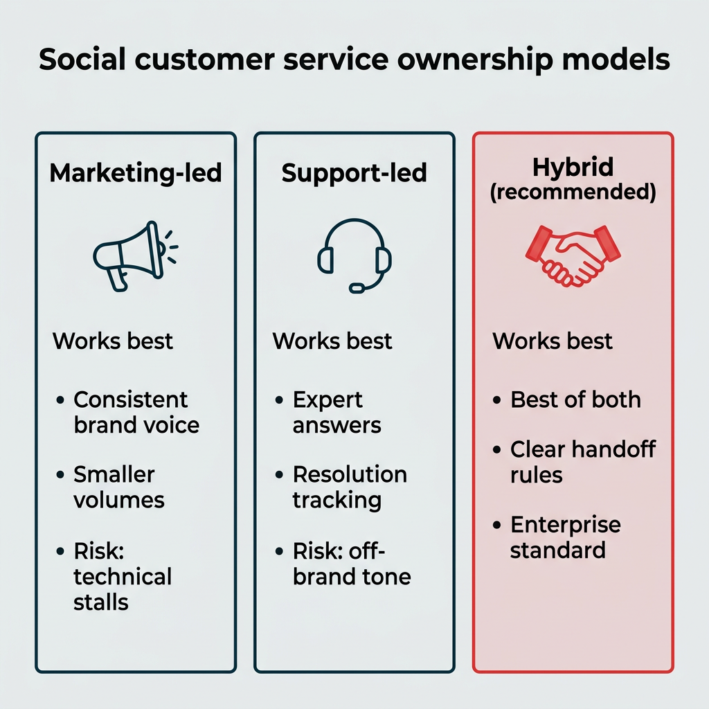 Social customer service ownership models Social customer service ownership models comparing marketing-led, support-led, and hybrid approaches with key traits for each