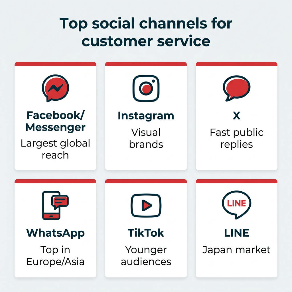 Top social channels for customer service Top social channels for customer service showing Facebook, Instagram, X, WhatsApp, TikTok, and LINE with key strengths