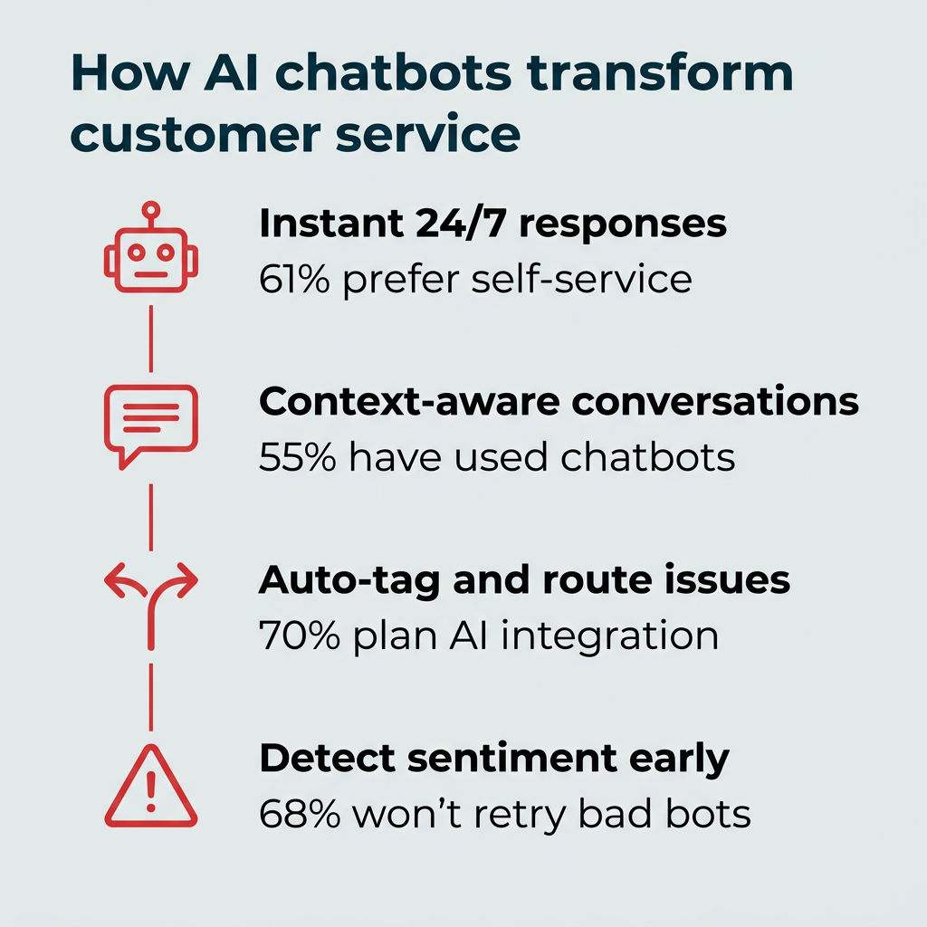 How AI chatbots transform customer service How AI chatbots transform customer service showing four capabilities with statistics including 61 percent prefer self-service and 70 percent plan AI integration