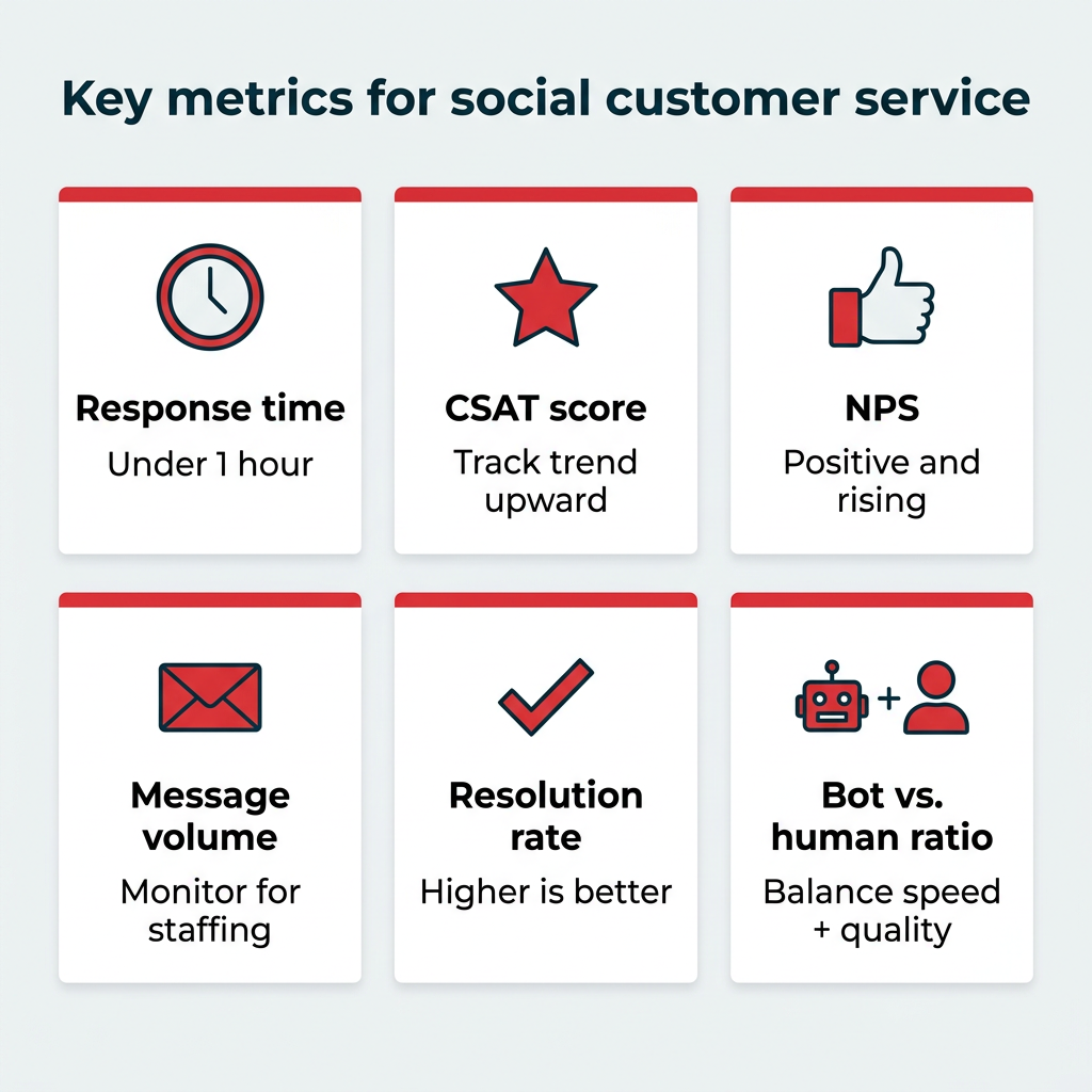 Key metrics for social customer service Key metrics for social customer service showing response time, CSAT score, NPS, message volume, resolution rate, and bot versus human ratio with targets