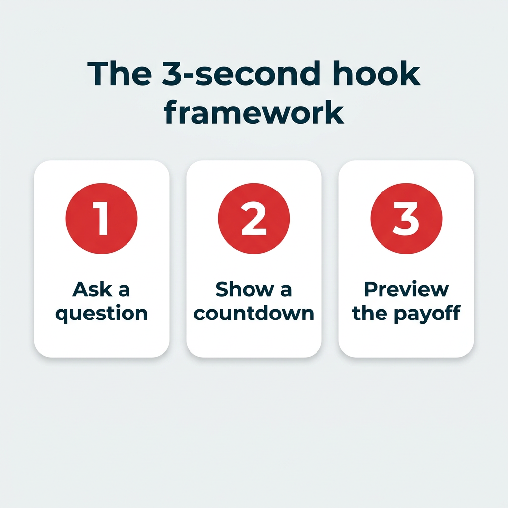 The 3-second hook framework showing three strategies for TikTok videos: ask a question, show a countdown, and preview the payoff