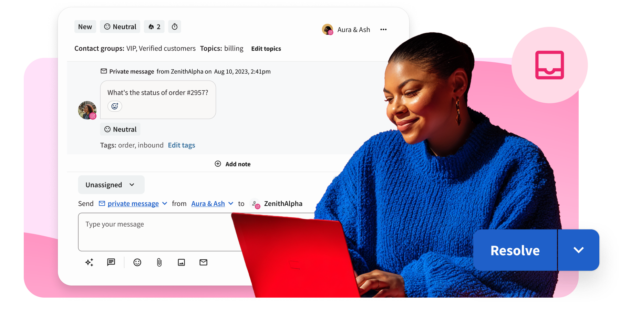 Nest social inbox showing an incoming customer message, AI-generated tags, sentiment label, and a reply composer