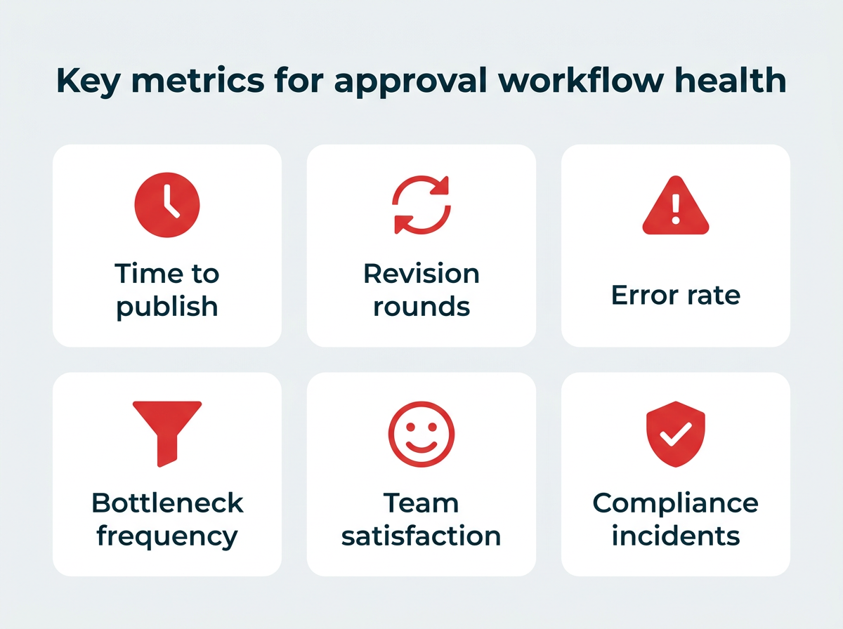 Key metrics for approval workflow health Key metrics for approval workflow health: time to publish, revision rounds, error rate, bottleneck frequency, team satisfaction, compliance incidents