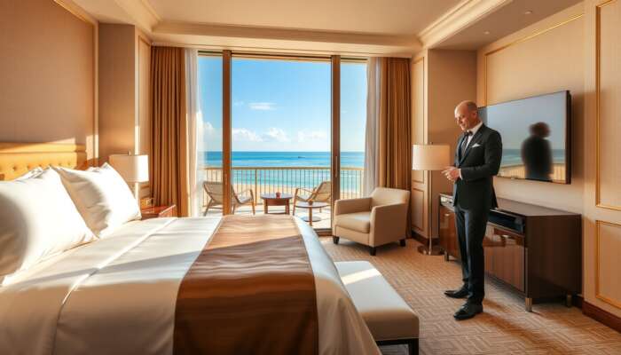 Luxurious Ritz-Carlton suite featuring plush silk bedding, advanced smart screens, a balcony with views of a private beach, and attentive concierge service in golden light.