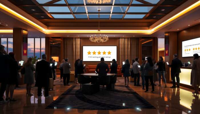 Luxurious hotel lobby at dusk, guests browsing five-star ratings and positive reviews on smartphones, representing the impact of ratings on travel choices.
