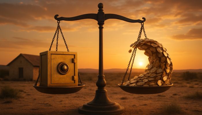 Traditional home in Beaufort West: fixed rates depicted with a solid structure, variable rates illustrated through a flow of coins, under a balancing scale at sunset.