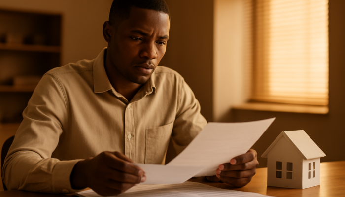 Focused South African applicant evaluating payslips and contracts for a home loan at a bank.