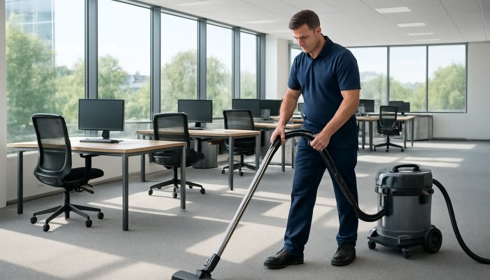 Professional cleaner vacuuming modern office in Somerton with sparkling windows and natural light