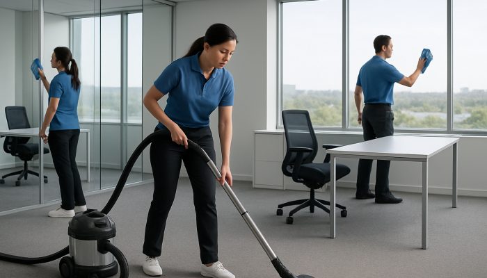 Professional cleaning crew vacuuming and dusting in modern Somerton office with deep carpet clean.