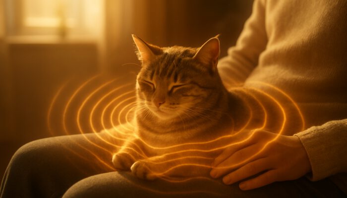 Cat purring on lap emitting glowing golden healing vibration waves in sunlit room