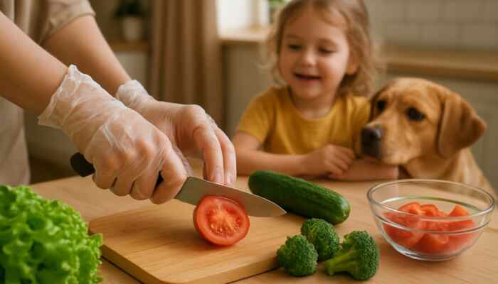 Hands in transparent vinyl gloves preparing fresh food in a welcoming family kitchen with a child and pet nearby