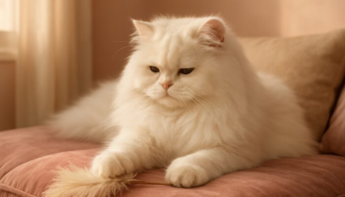 White Persian cat paws feathered toy on velvet cushions in sunny pastel room