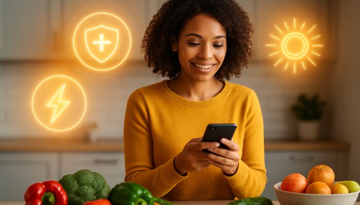 A vibrant individual logging meals on a nutrition app surrounded by fresh produce and glowing energy, immunity, skin icons in kitchen.