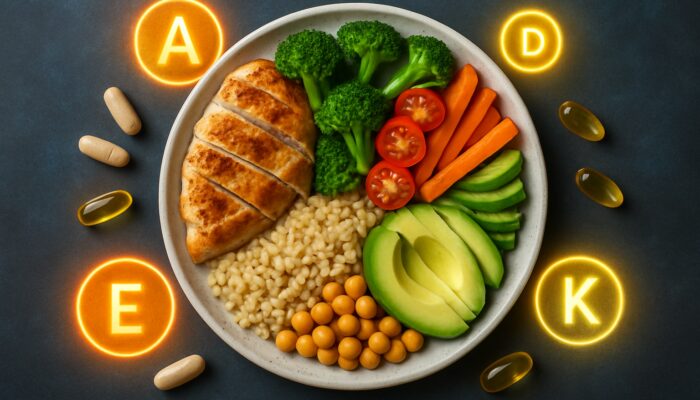 Balanced plate with sections for proteins, carbohydrates, and fats alongside supplement capsules and vitamin icons