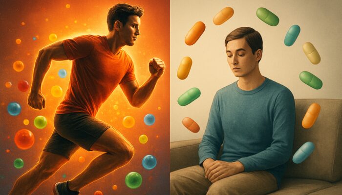 Contrasting illustration of an energetic athlete with antioxidant multivitamins beside a calm sedentary figure with nutrient capsules.