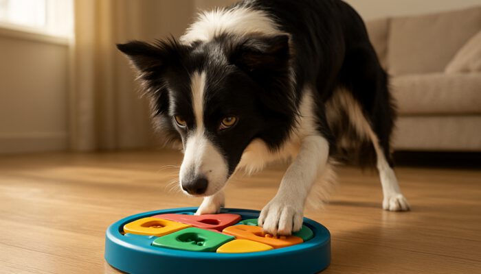 Border collie engaged with a colorful puzzle toy in a sunlit living room, displaying its intelligence and energy.