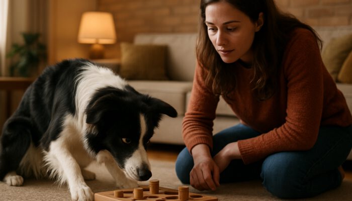 Border collie solving a wooden puzzle toy while the owner observes in a cozy room
