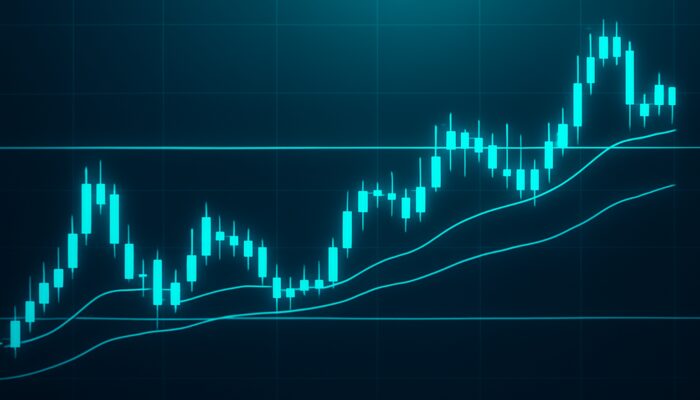 Financial chart featuring flat moving averages in a sideways market, with candlesticks positioned between support and resistance.
