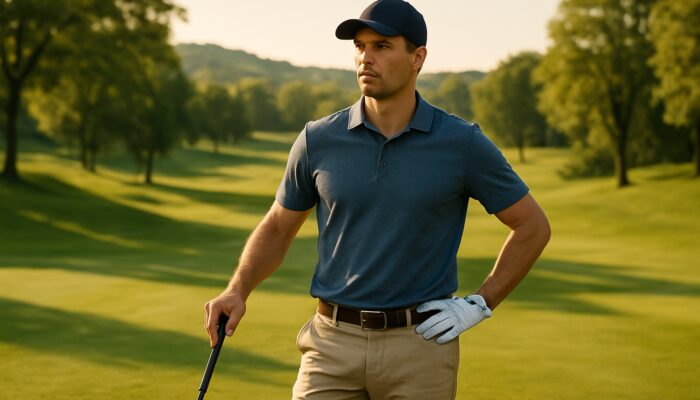 Self-assured golfer stands on a sunlit fairway with club in hand, surrounded by green hills and trees.
