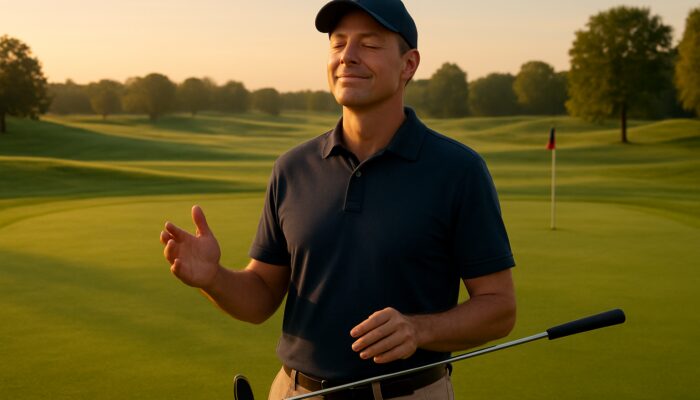 Cheerful golfer with closed eyes smiling after a missed putt on a lush dawn fairway.