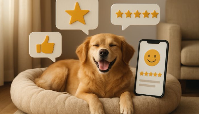 Happy dog relaxing on plush pet bed with floating reviews, star ratings, and smartphone feedback.