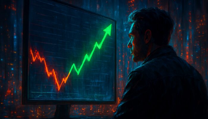 Trader observes a plunging stock chart rebound sharply with green arrows in a cyberpunk city