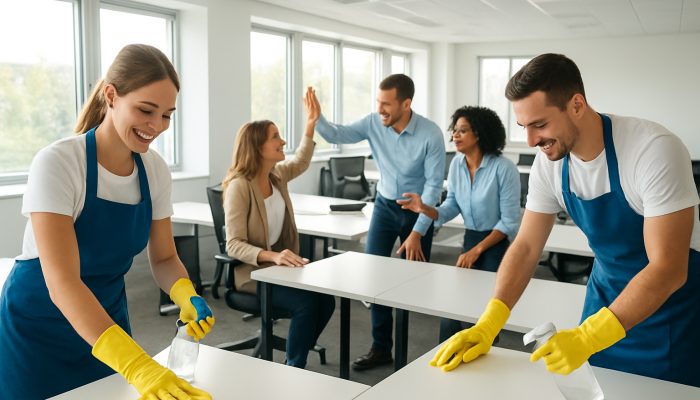 Cleaners sanitizing a vibrant modern office while cheerful employees collaborate enthusiastically.