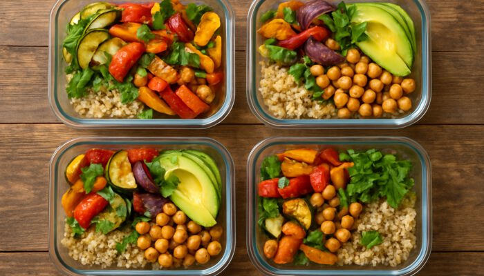 Colorful quinoa salad bowls with roasted veggies, avocado, and chickpeas in glass meal prep containers.