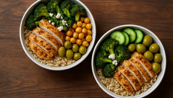 An overhead view of quinoa chicken broccoli feta and chickpea cucumber olive meal prep bowls on a wooden table
