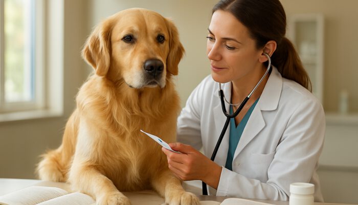 Vet examines golden retriever with stethoscope and thermometer amid medical records in sunlit clinic