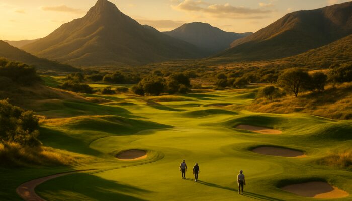 Lush emerald fairways wind through hills and mountains near Pretoria with strolling golfers