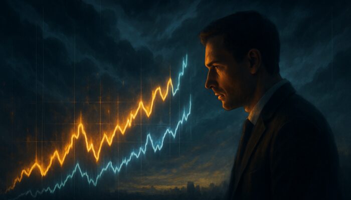 Trader analysing glowing confluence charts amidst turbulent economic volatility.