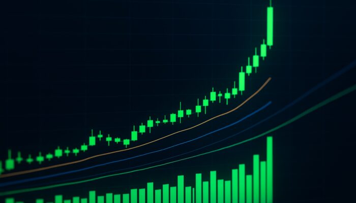 Trading interface featuring candlestick charts, green volume bars, and moving averages during a price breakout.