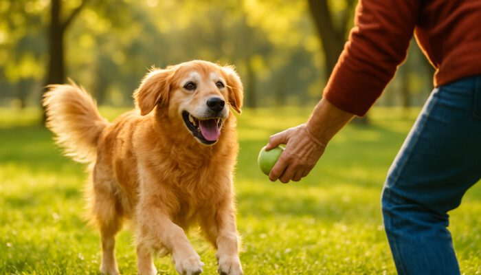 Senior golden retriever playing fetch energetically with owner in sunny park