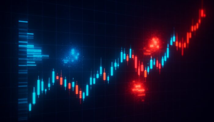 Detailed Volume at Price chart displaying vibrant blue and red clusters indicating support and resistance areas.