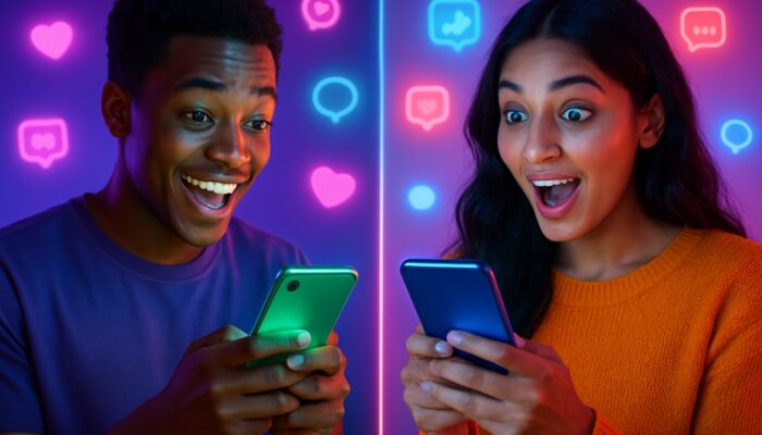 Split-screen TikTok duet on glowing smartphones featuring diverse creators, vibrant neon colours, and floating social icons.