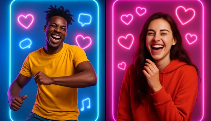 Split-screen TikTok duet featuring two vibrant creators dancing and laughing amid neon lights and hearts.