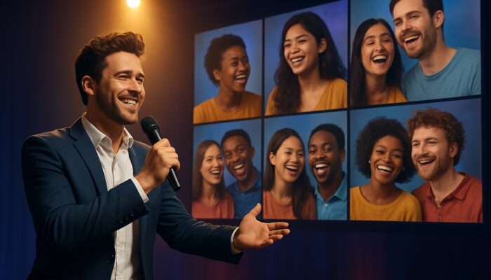 Charismatic host highlighting vibrant audience duets on a glowing stage with joyful diverse participants.