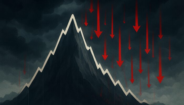 Stock chart peaks then shatters under red sell arrows and stormy clouds, signalling market distribution phase reversal.