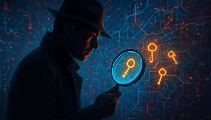 A digital investigator uncovers competitor keyword gaps using a glowing magnifying glass in a cyber environment